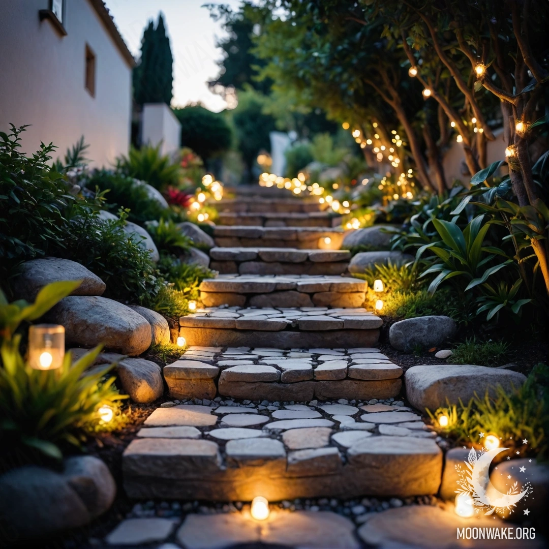 A serene garden path made of stones, adorned with light garlands at sunset.