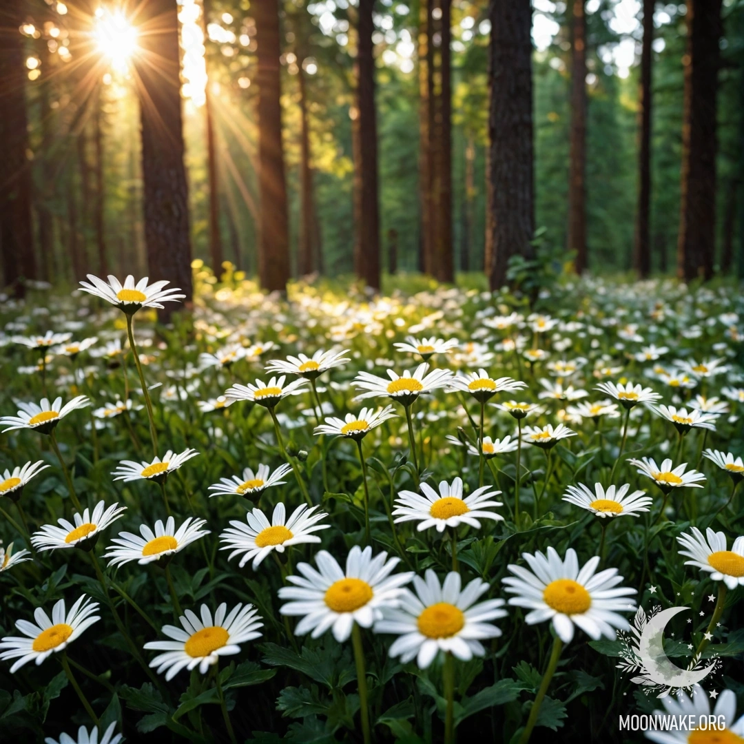 A close-up view of daisies illuminated by the sunset in a forest.