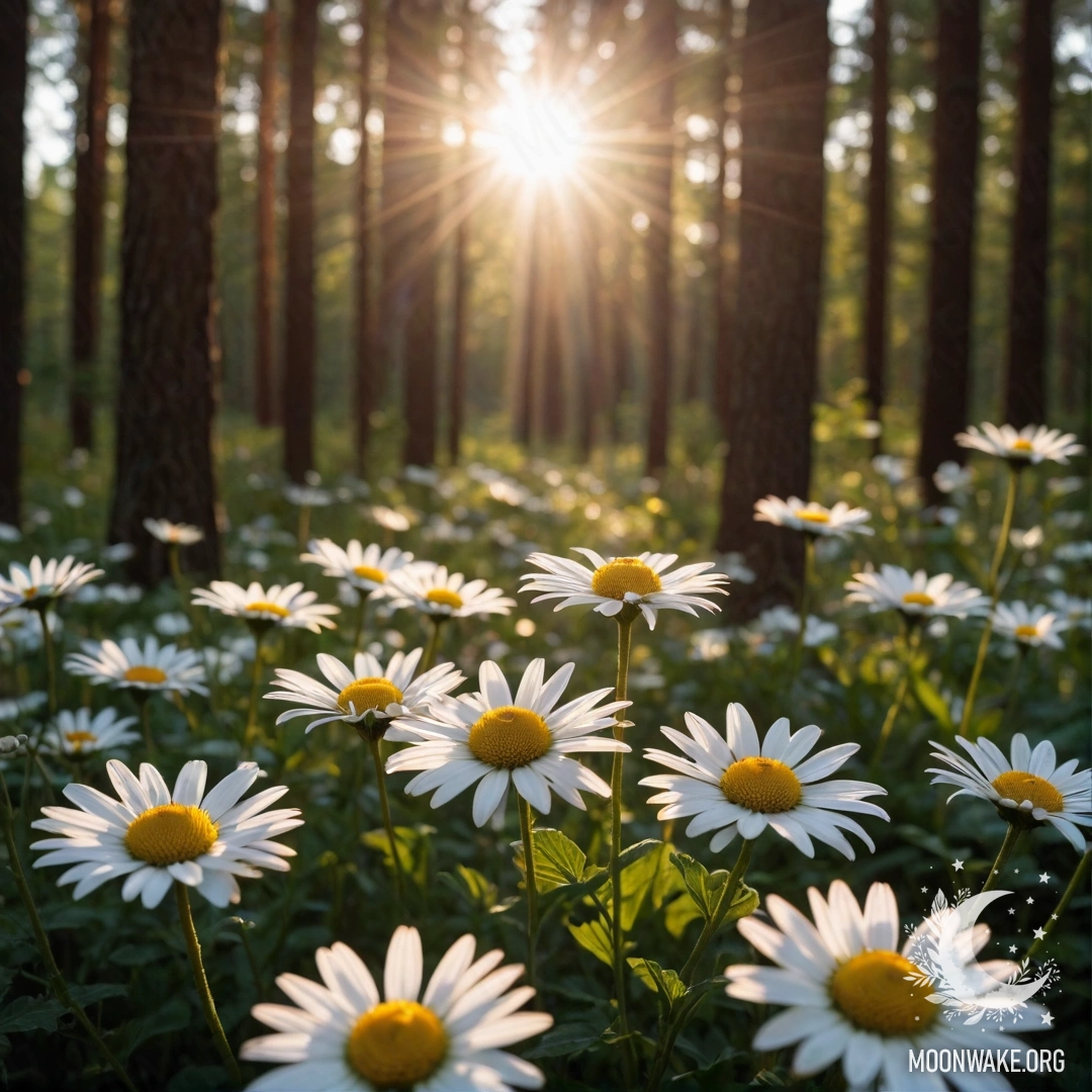 Close-up of daisies with sunlight shining through trees in a forest during sunset.
