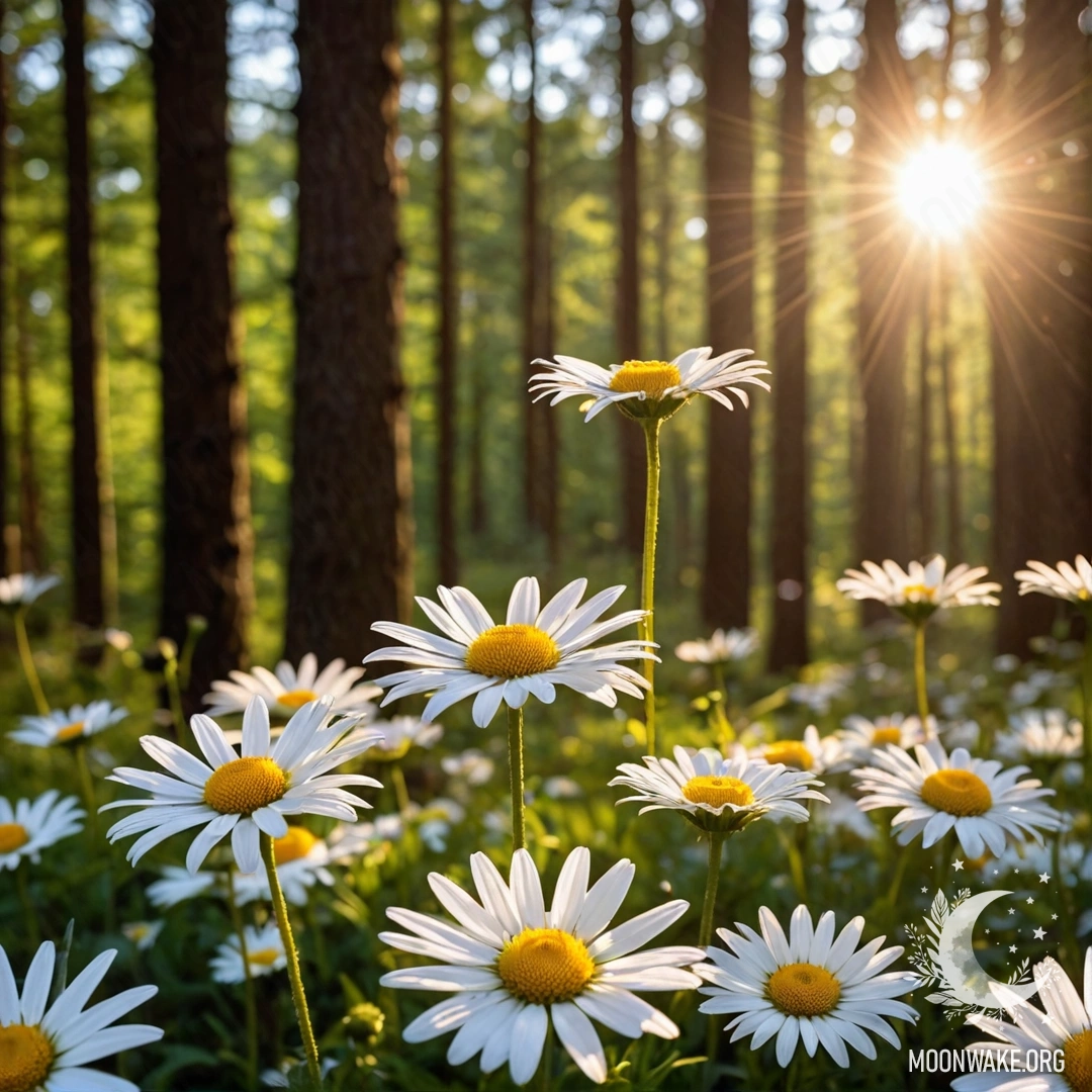 Close-up of daisies illuminated by sun rays at sunset in a forest.