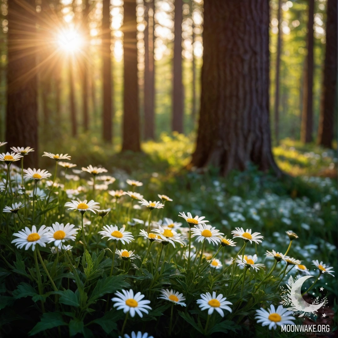 A close-up view of daisies illuminated by garland lights with the sun setting through trees in the forest.
