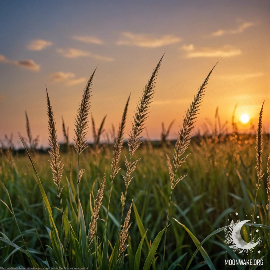 Close-up view of grass in a field against a blurred sunset sky.