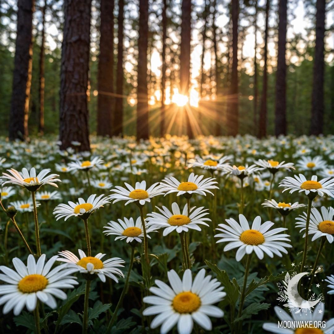 Sunset in the Forest with Daisies A close-up view of daisies illuminated by the sunset in a forest.