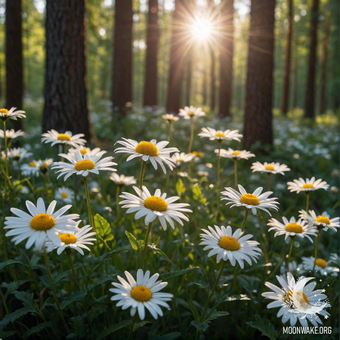 Close-up of daisies in the forest with sunlight shining through trees at sunset.