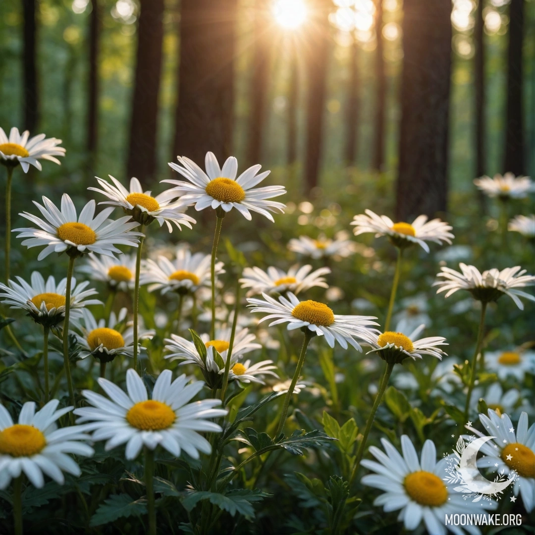 A close-up view of daisies under the soft light of sunset filtering through trees in a forest at night.