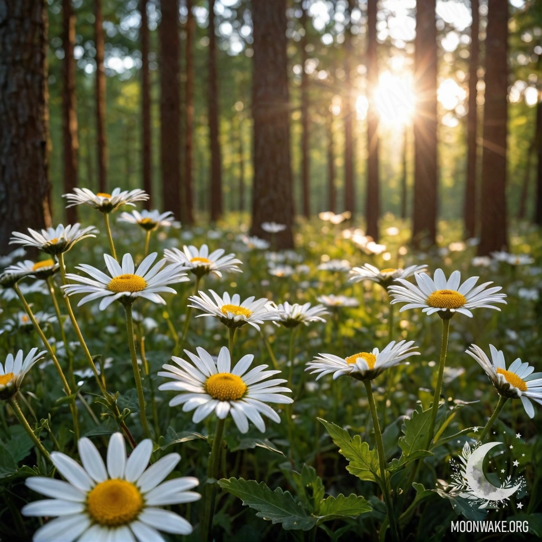 Close-up of daisies illuminated by the sunset light filtering through trees in the forest.
