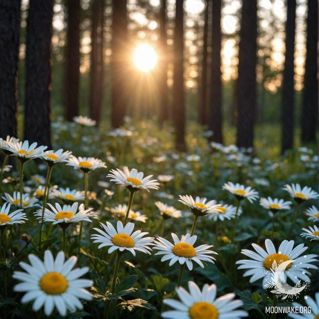 Close-up of daisies illuminated by sunset light in a forest.