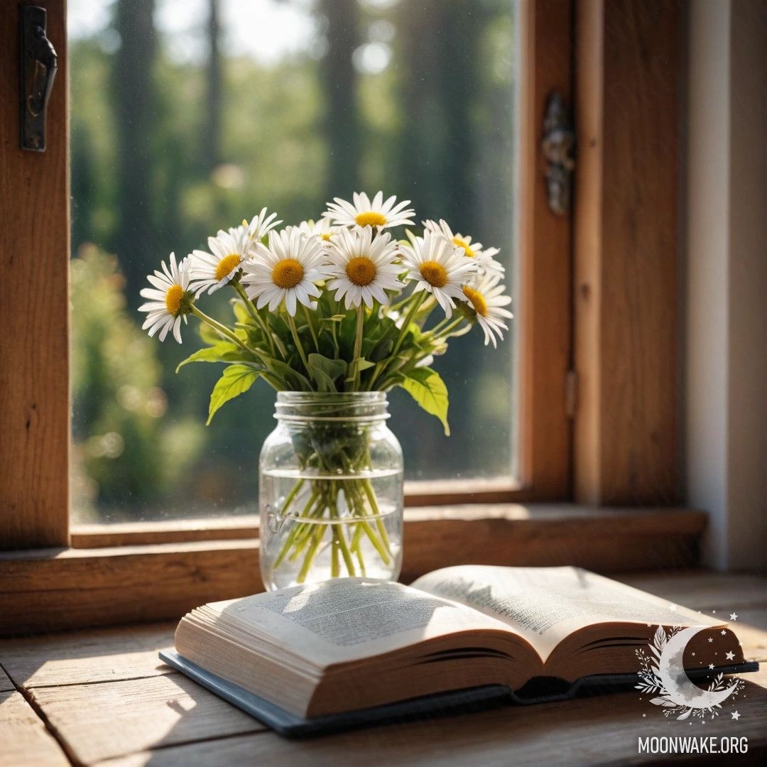 Close-up of daisies with sunlight filtering through the trees in a forest