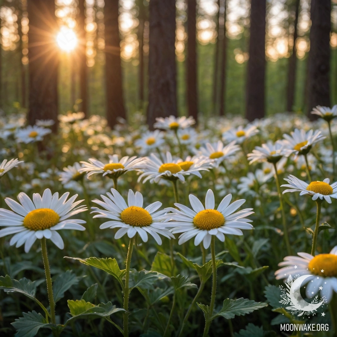 Close-up of daisies bathed in sunset light with trees in the background.