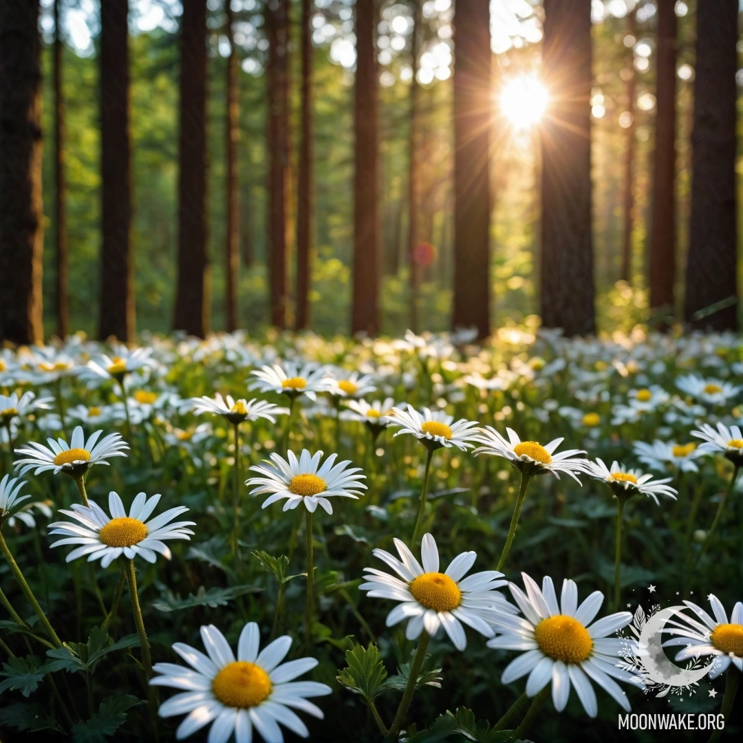 Close-up view of white daisies basking in the soft glow of sunset light filtering through trees in a forest.