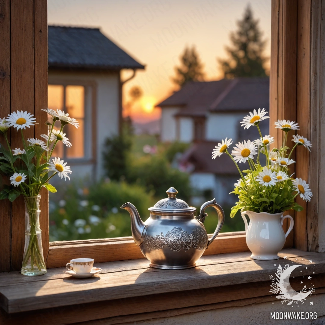 A shabby wooden window sill with a metal teapot and daisies, during sunset.