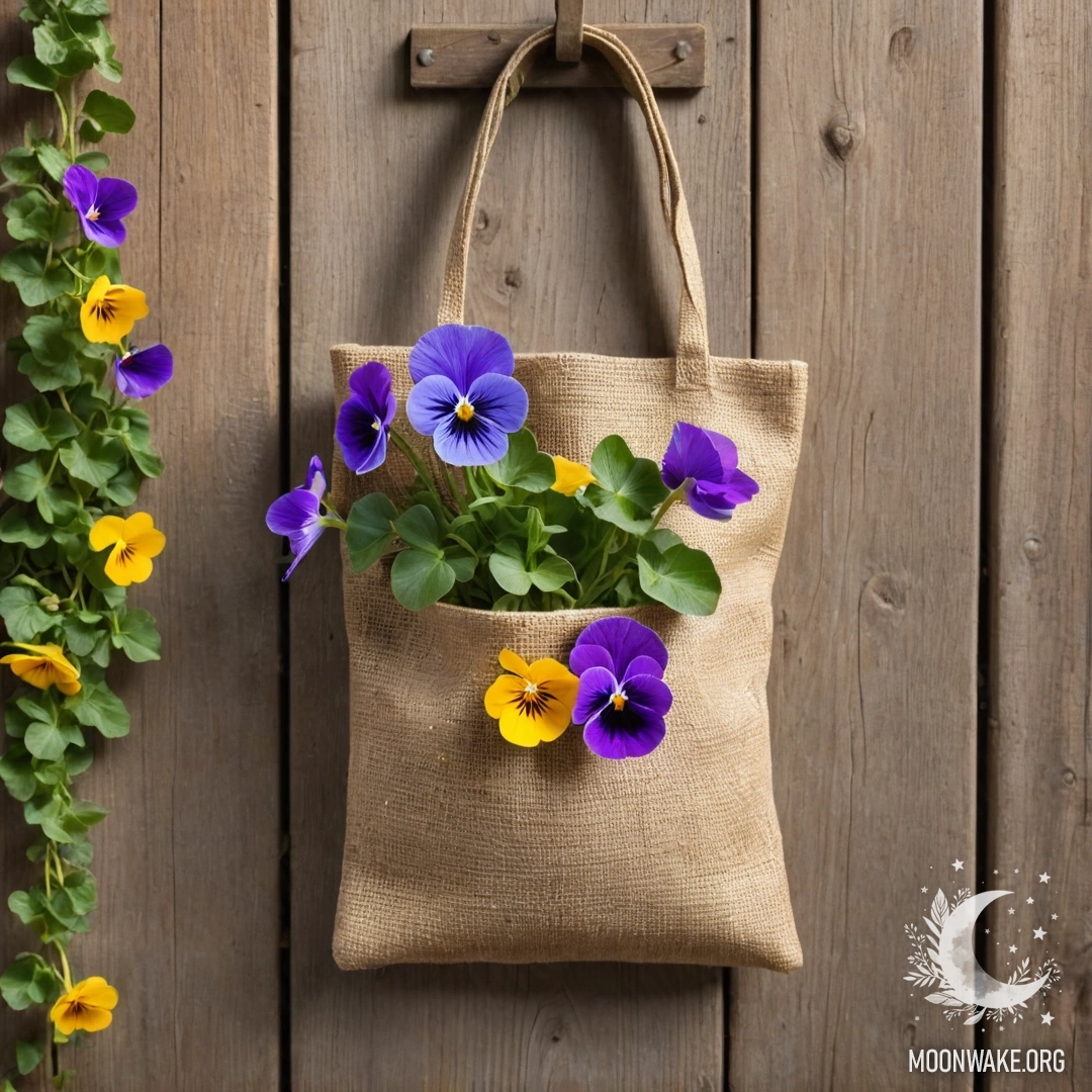 A small burlap bag hangs on a shabby wooden wall, filled with pansies, illuminated by the warm glow of a sunset.