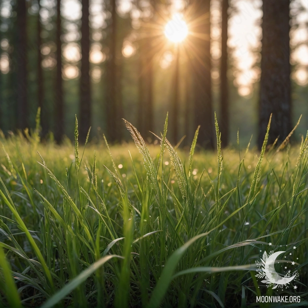 Sunset Rays on a Cozy Field Close-up of grass in a cozy field with sun rays and a blurred forest background.
