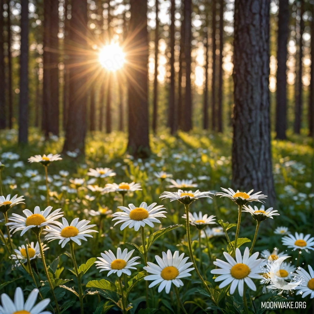 Close-up of delicate daisies illuminated by sunset rays in a forest.