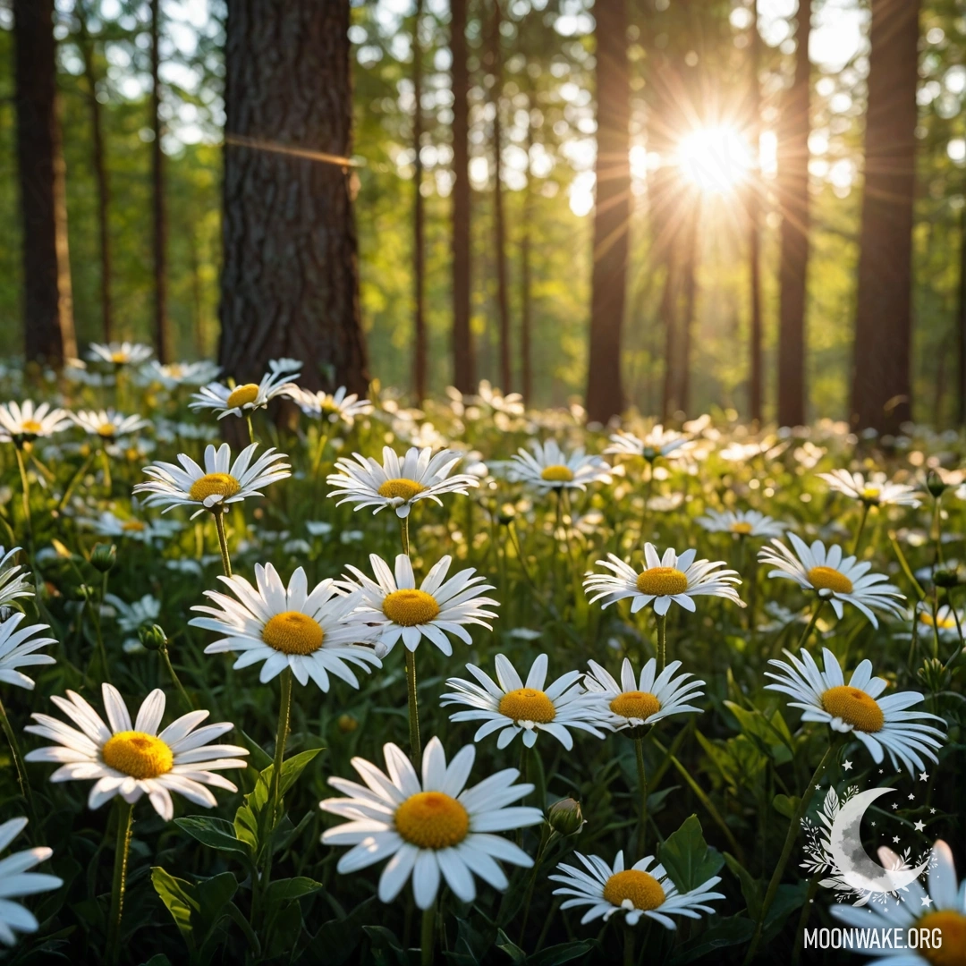 Close-up of daisies illuminated by sunset rays in a forest.