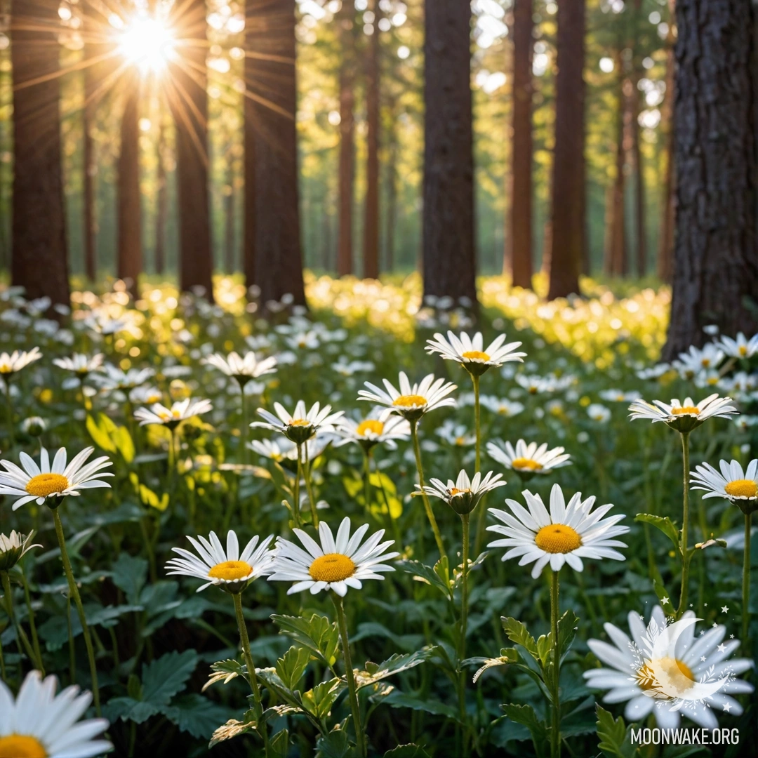 Sunset Rays Through Forest with Daisies Close-up view of daisies illuminated by sunset rays in a forest.