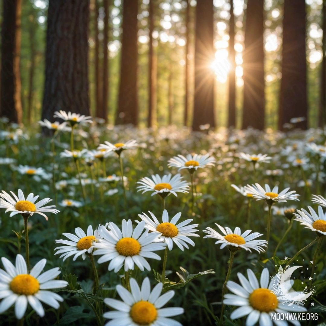 Close-up of daisies illuminated by sunlight at sunset in a forest.