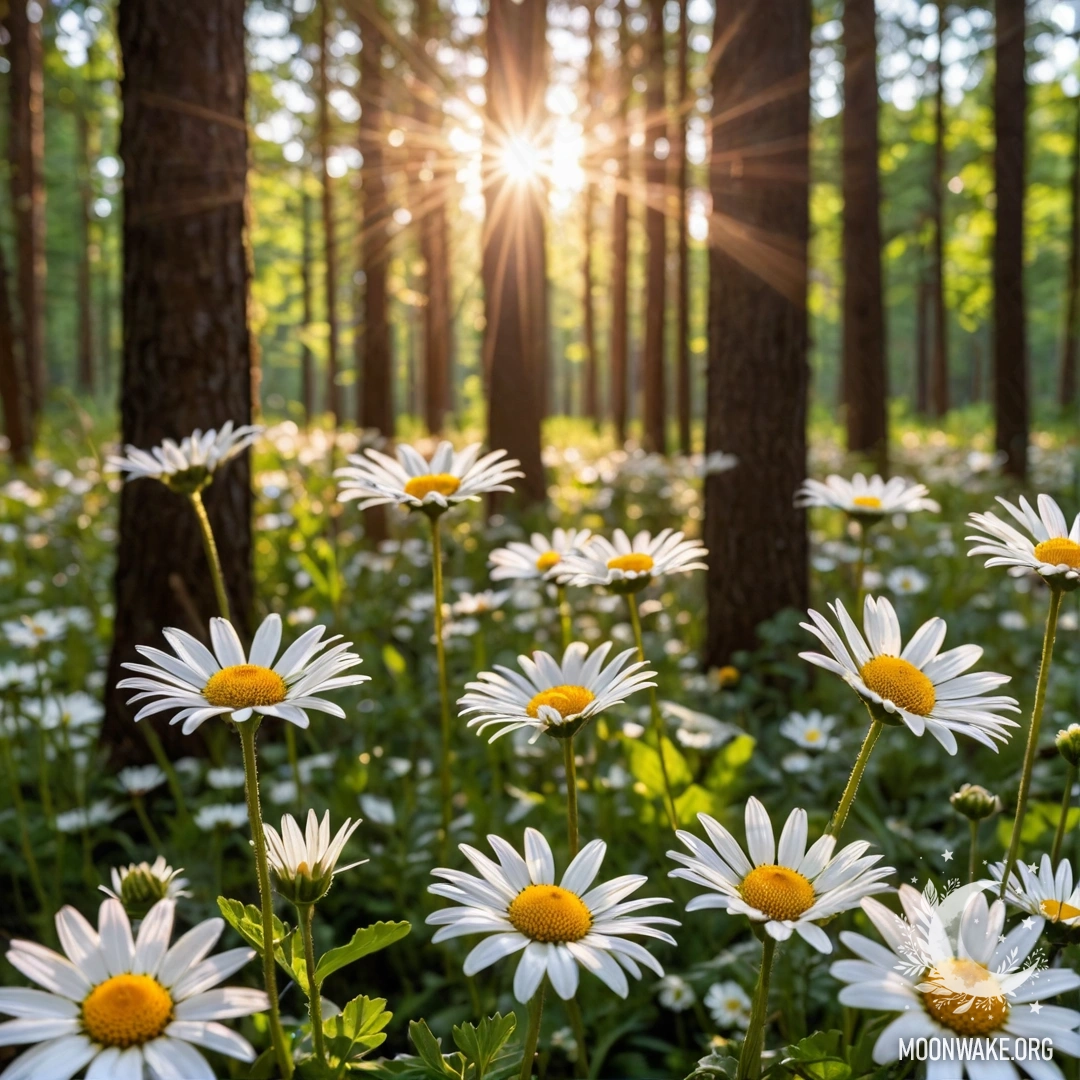 Sunset Rays Through Trees and Daisies Close-up of daisies illuminated by sunset rays filtering through trees in a forest.
