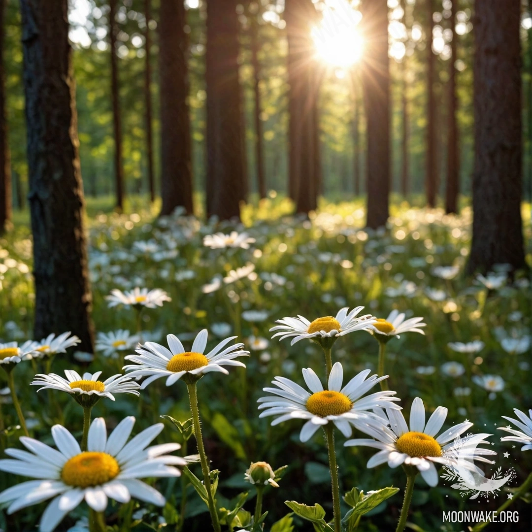Close-up of daisies with sunlight filtering through tree branches at sunset.