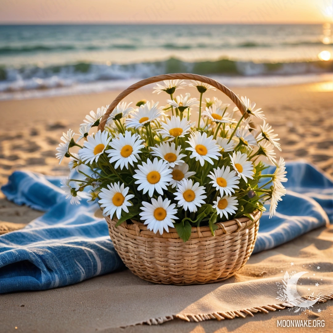 A straw bag with a blue tablecloth and a bouquet of daisies on a sandy beach at sunset, with the sea in the background.