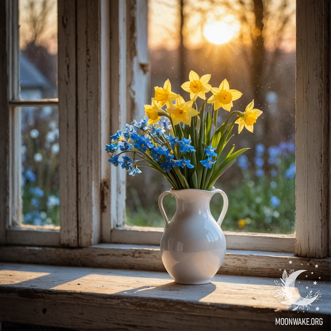 An old, shabby wooden window sill adorned with a white porcelain vase holding daffodils and forget-me-nots during sunset.