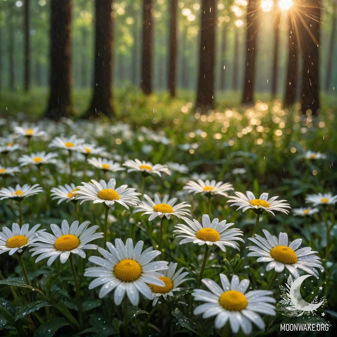 Close-up of daisies under rain with sunset shining through trees.