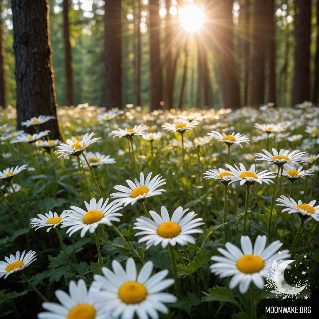 Close-up of delicate daisies with the sunset shining through trees.