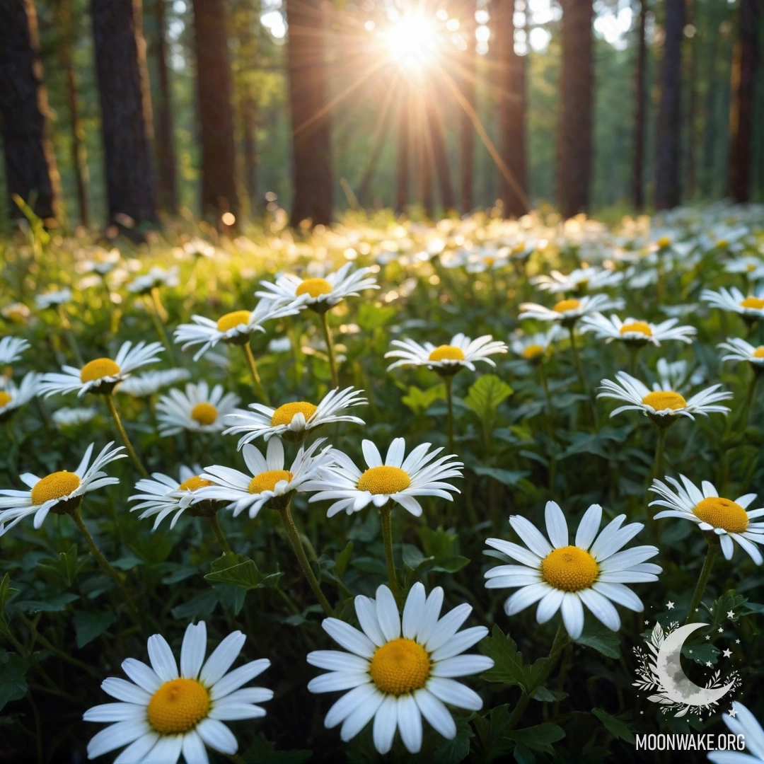 A close-up of daisies illuminated by warm lights, with sunlight filtering through trees during sunset.