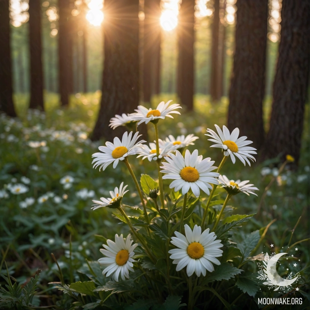 Close-up of daisies illuminated by garland lights with sunlight filtering through trees at sunset.