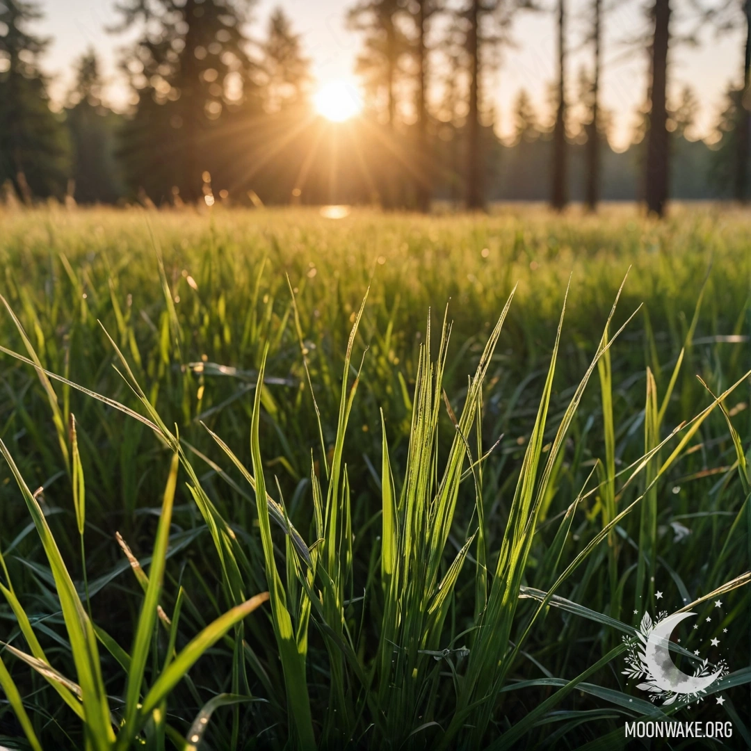 Sunset Serenity in a Bokeh Field A close-up view of soft grass against a blurred forest background with sun rays during sunset.