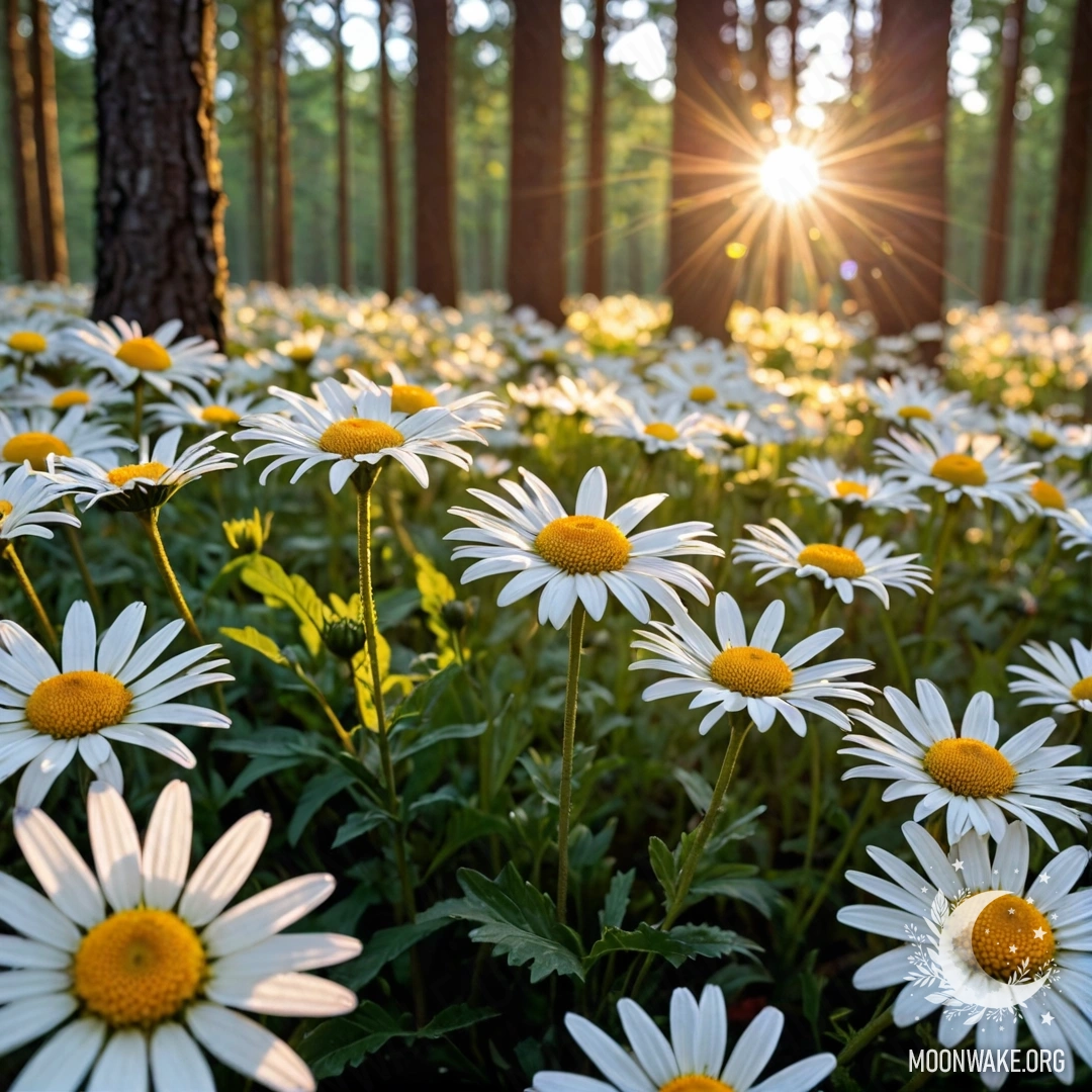 Sunset Serenity in the Forest Close-up of daisies illuminated by sunset light in a forest