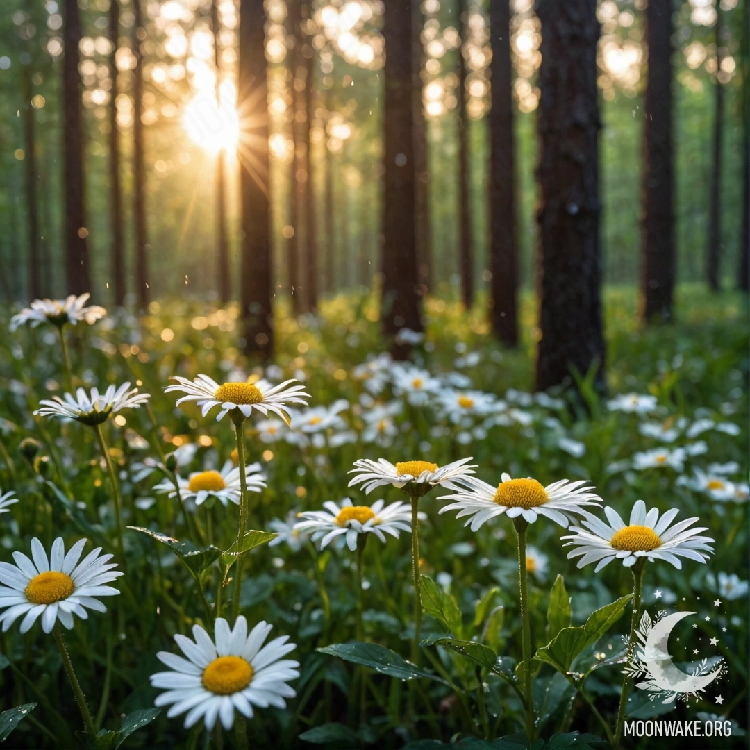 Close-up of daisies under the rain with sunlight filtering through trees at sunset.