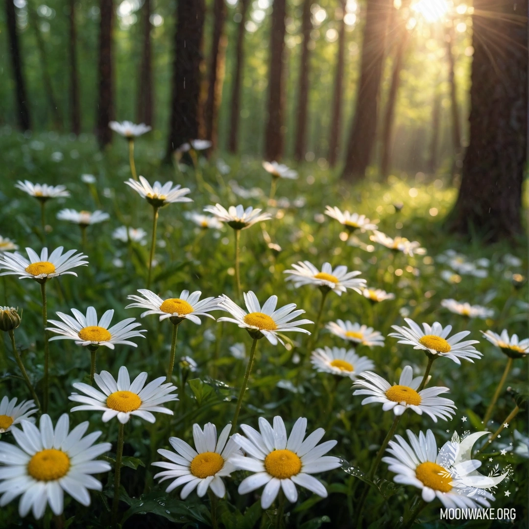 Sunset Serenity in the Forest Close-up of daisies under the rain with sunlight filtering through trees.