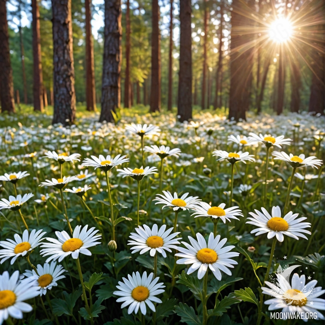 Close-up of daisies bathed in sunlight filtering through trees during sunset in a forest.