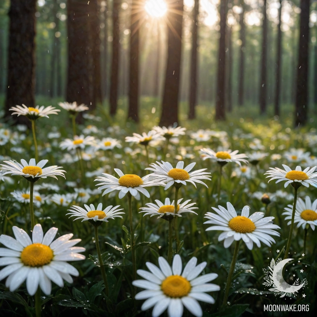 A serene sunset filtering through trees in a forest, with close-up of daisies in the rain.
