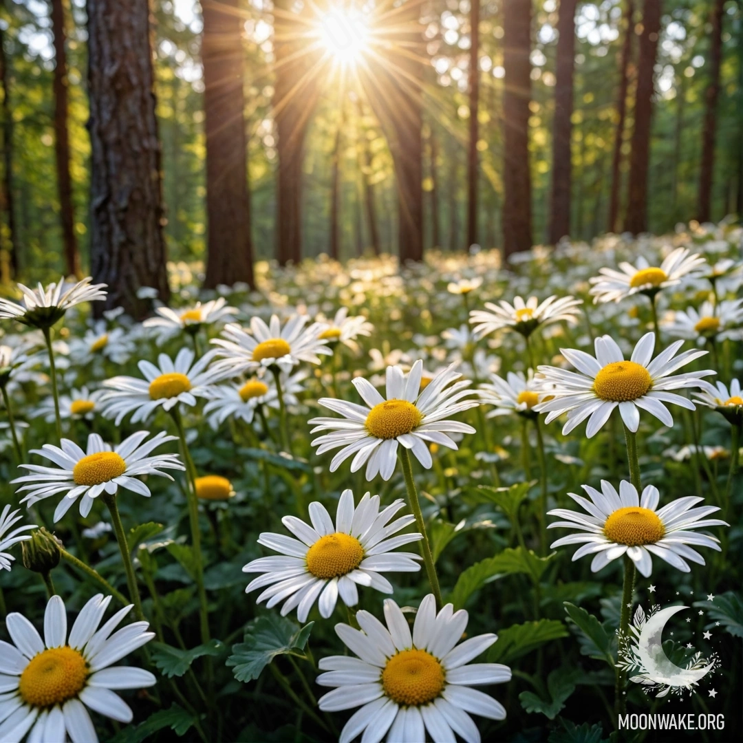 Sunset Serenity in the Forest Close-up of daisies illuminated by the sun rays during sunset in a forest.