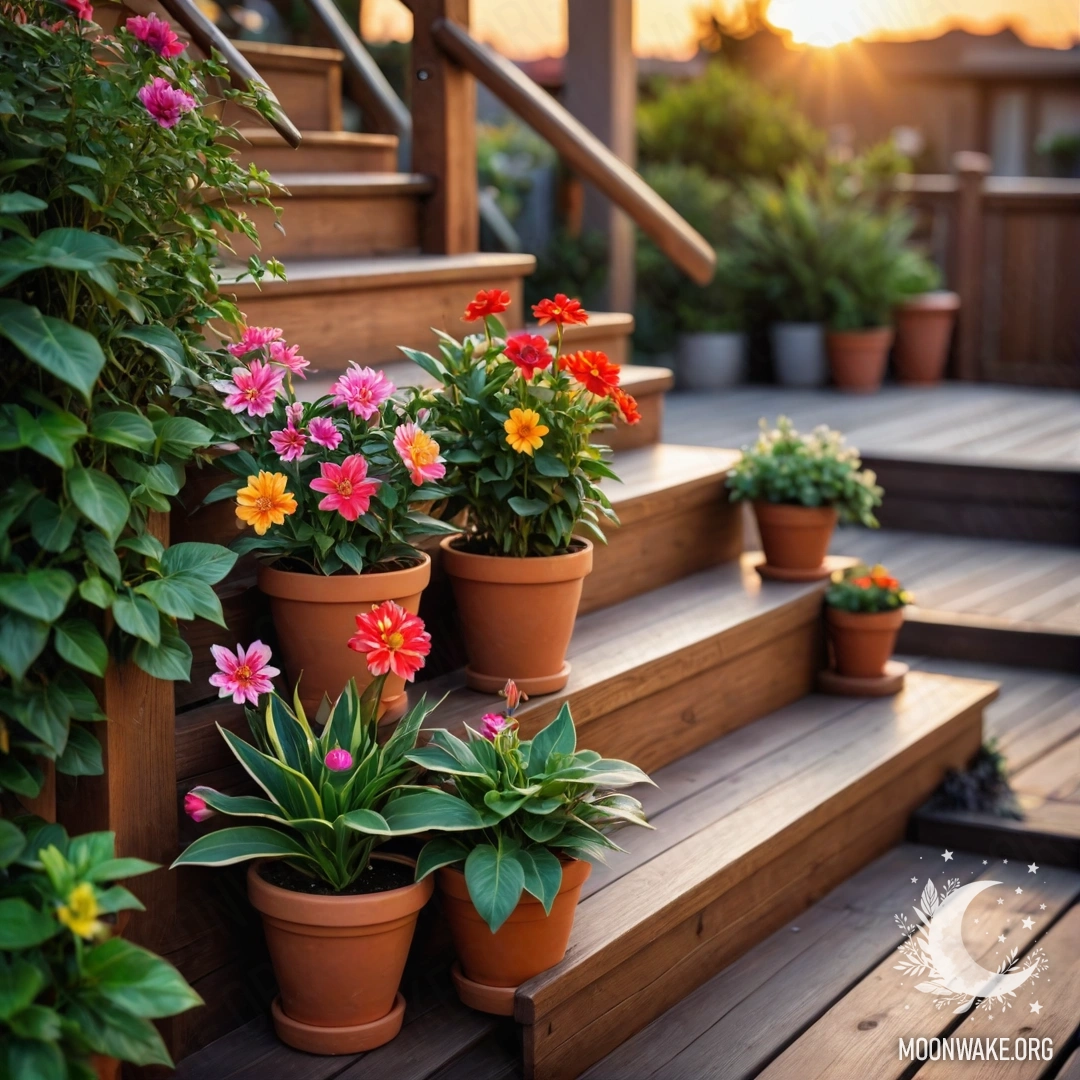 A wooden staircase adorned with flowerpots during sunset.