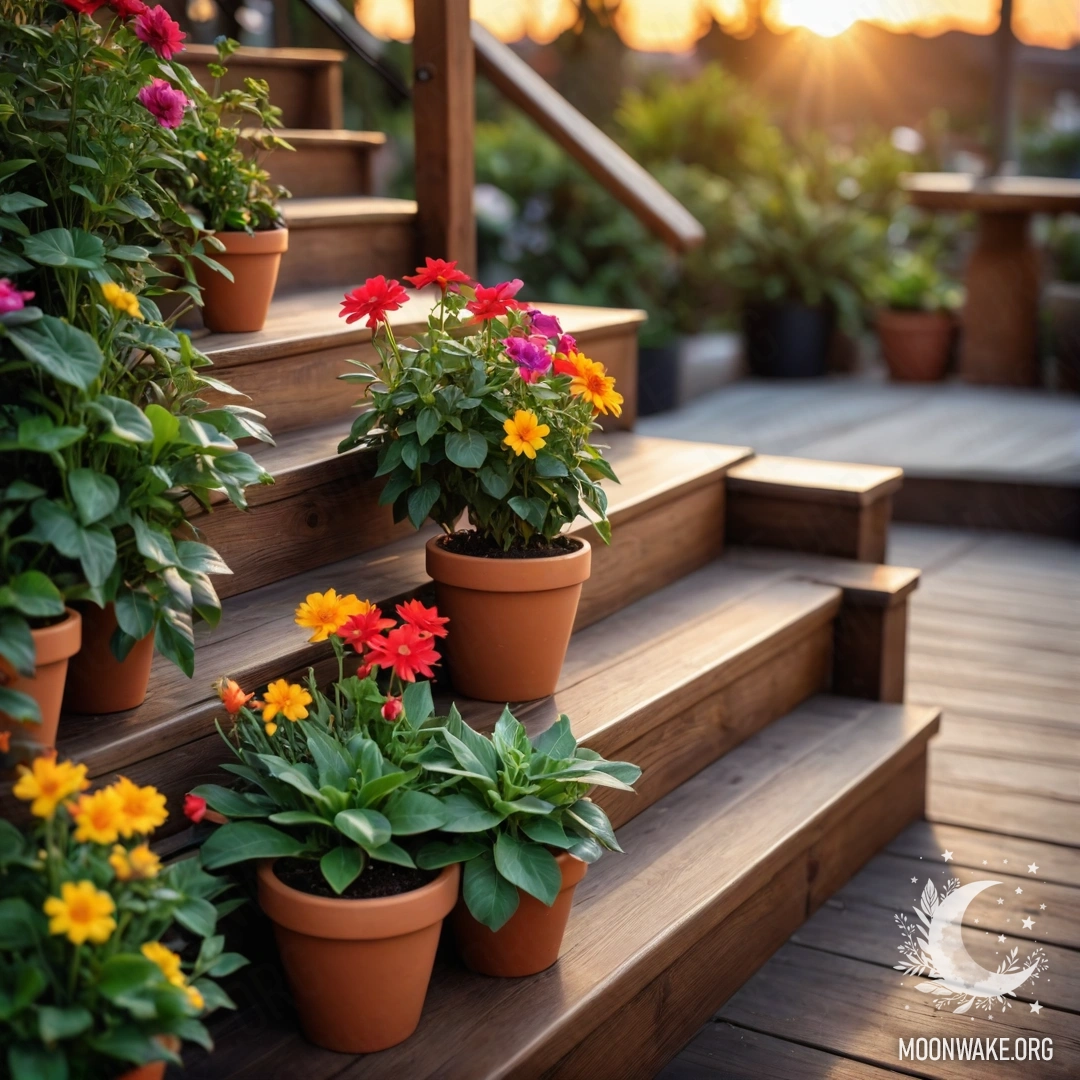 A wooden staircase adorned with flowerpots under a sunset sky.