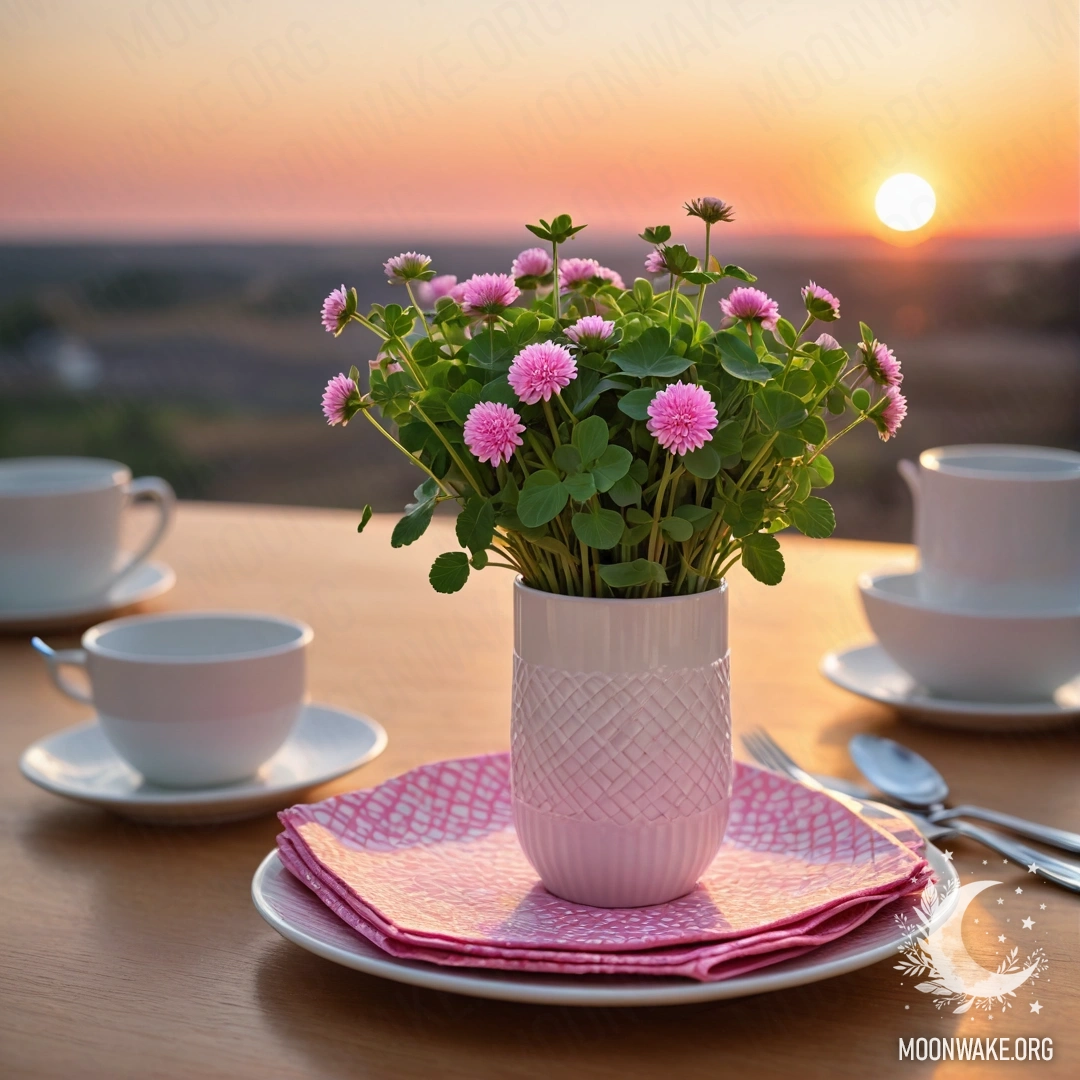 Sunset Serenity with Porcelain Cups A round straw napkin holds white porcelain cups with a pink pattern, accompanied by a clover in a white vase against the backdrop of a sunset.