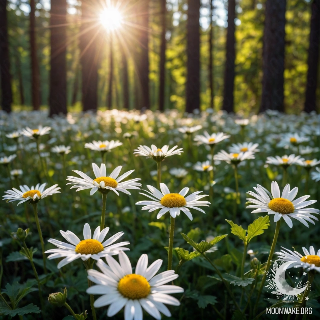 Close-up of daisies illuminated by sunset rays in a forest.