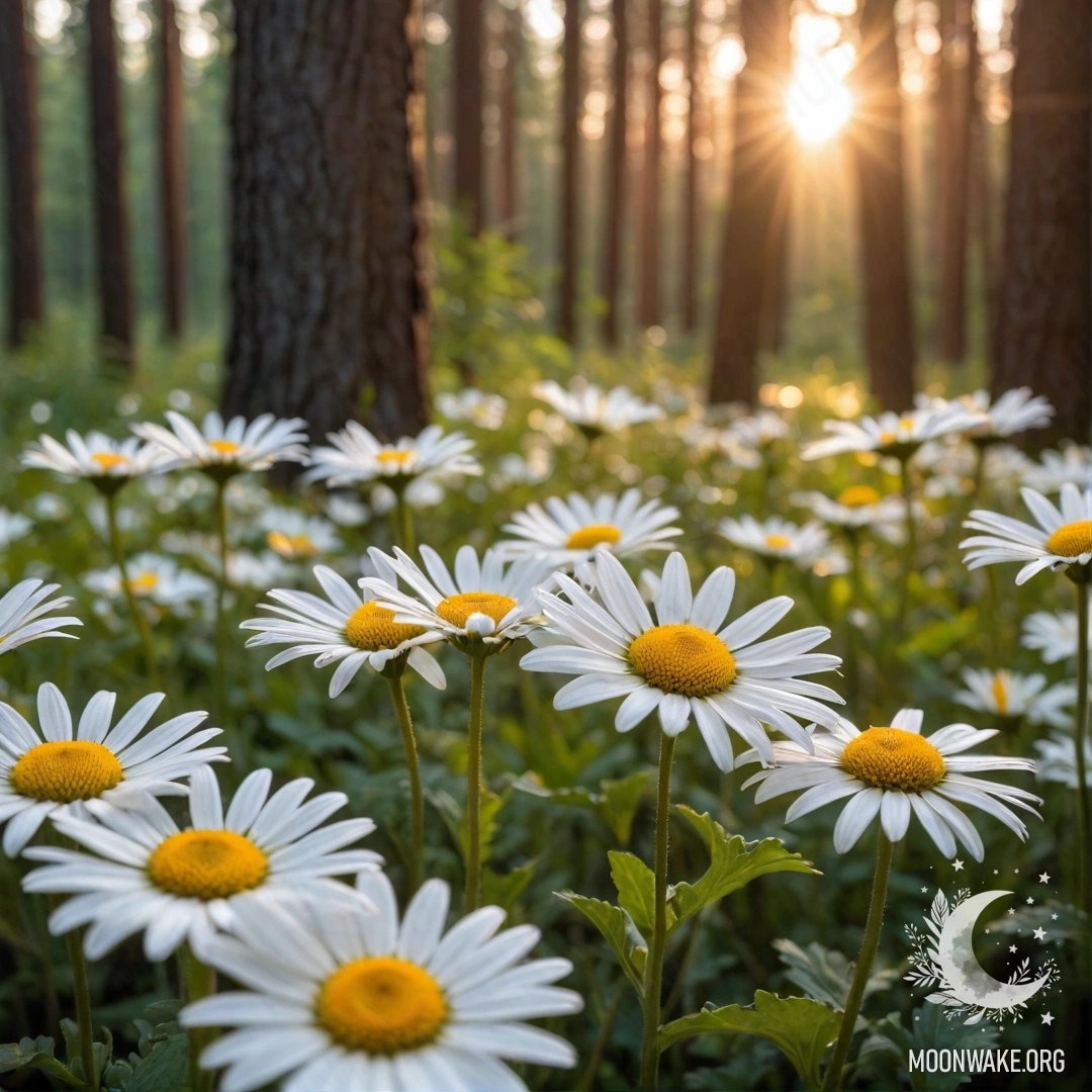 Sunset Serenity Through Forest Close-up of daisies illuminated by the sunset through trees in a forest.