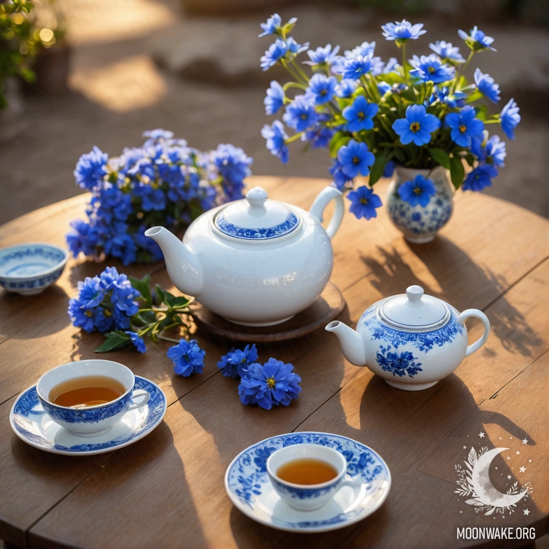 A minimalist round wooden table featuring a porcelain teapot with blue flowers, illuminated by sunset.