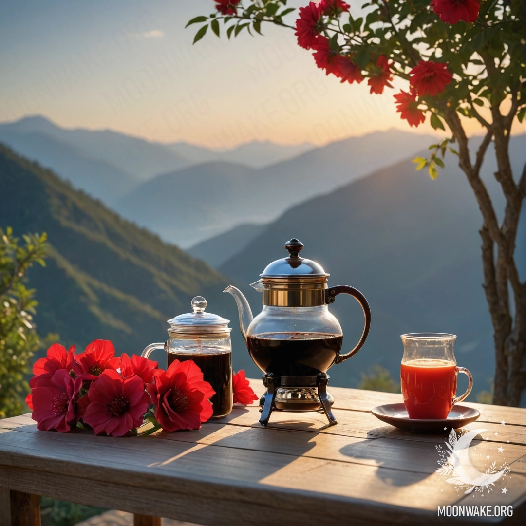 A wooden table with a jar of red flowers and a coffee pot against the mountains at sunset.