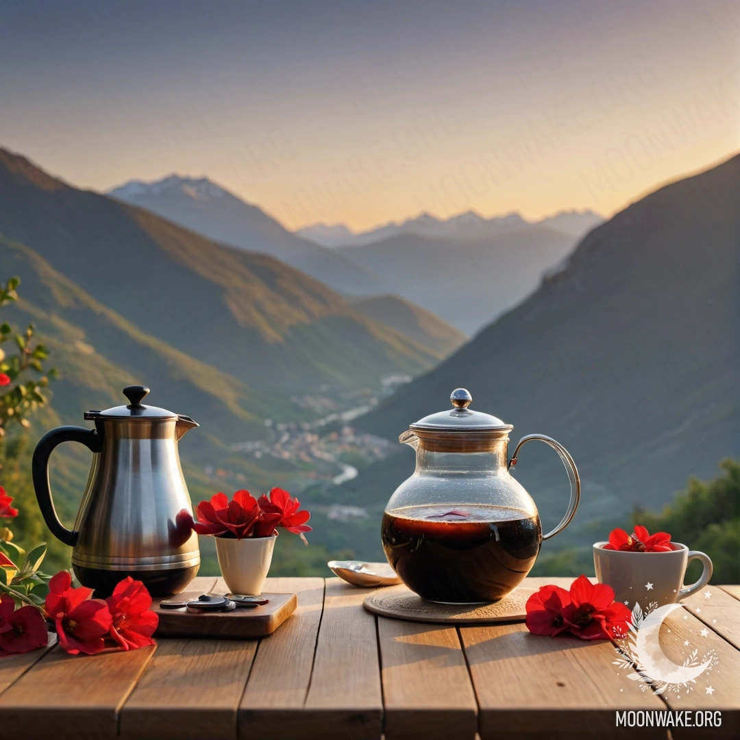 An abstract wooden table against a mountainous backdrop, featuring a jar of red flowers, a coffee pot, and cups during sunset.