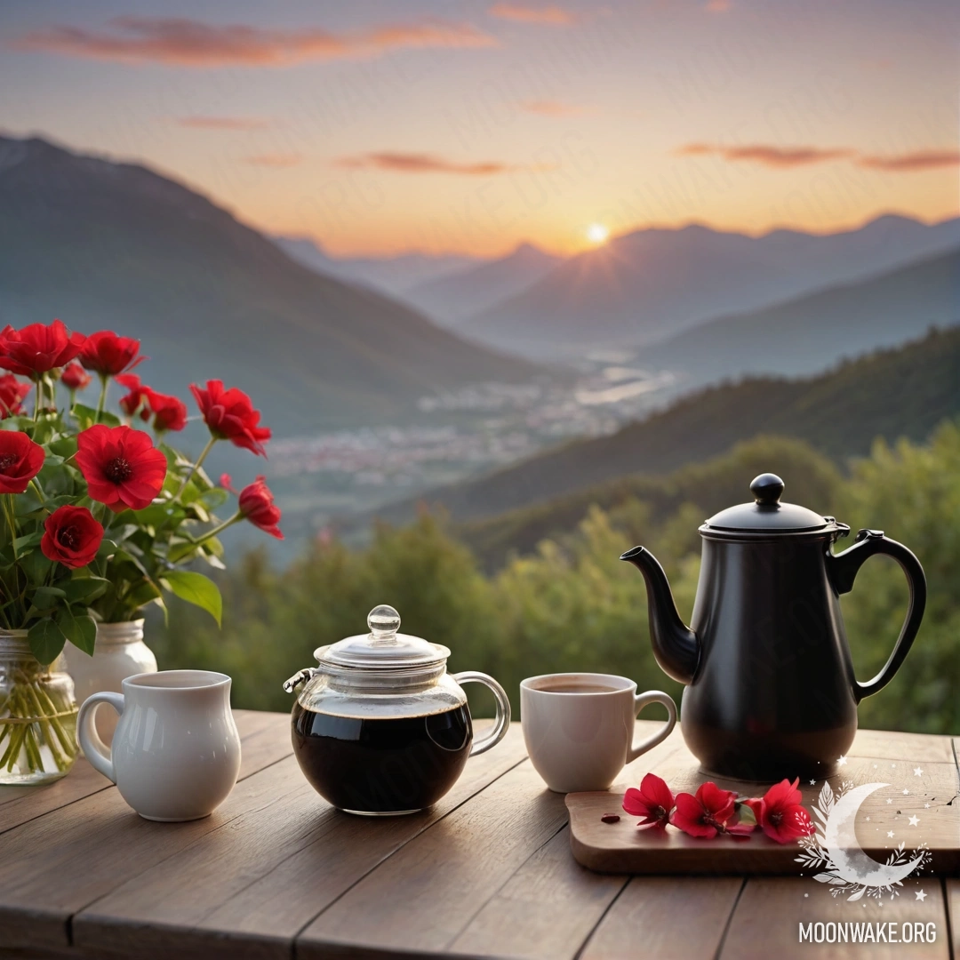 A calm wooden table set against majestic mountains, featuring a jar of red flowers, a coffee pot, and cups during sunset.