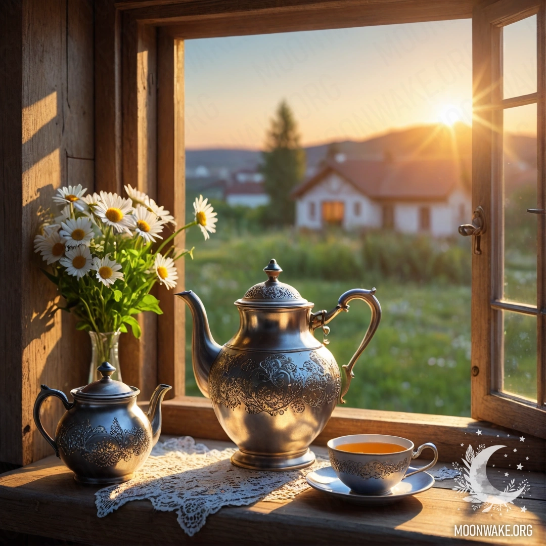 A photorealistic image of a shabby wooden window sill with a metal teapot decorated with patterns and daisies at sunset.