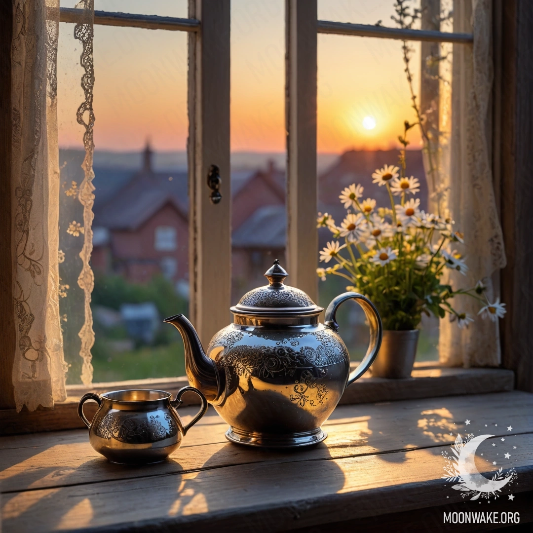 A metal teapot adorned with patterns, filled with daisies, rests on a shabby wooden window sill during sunset.