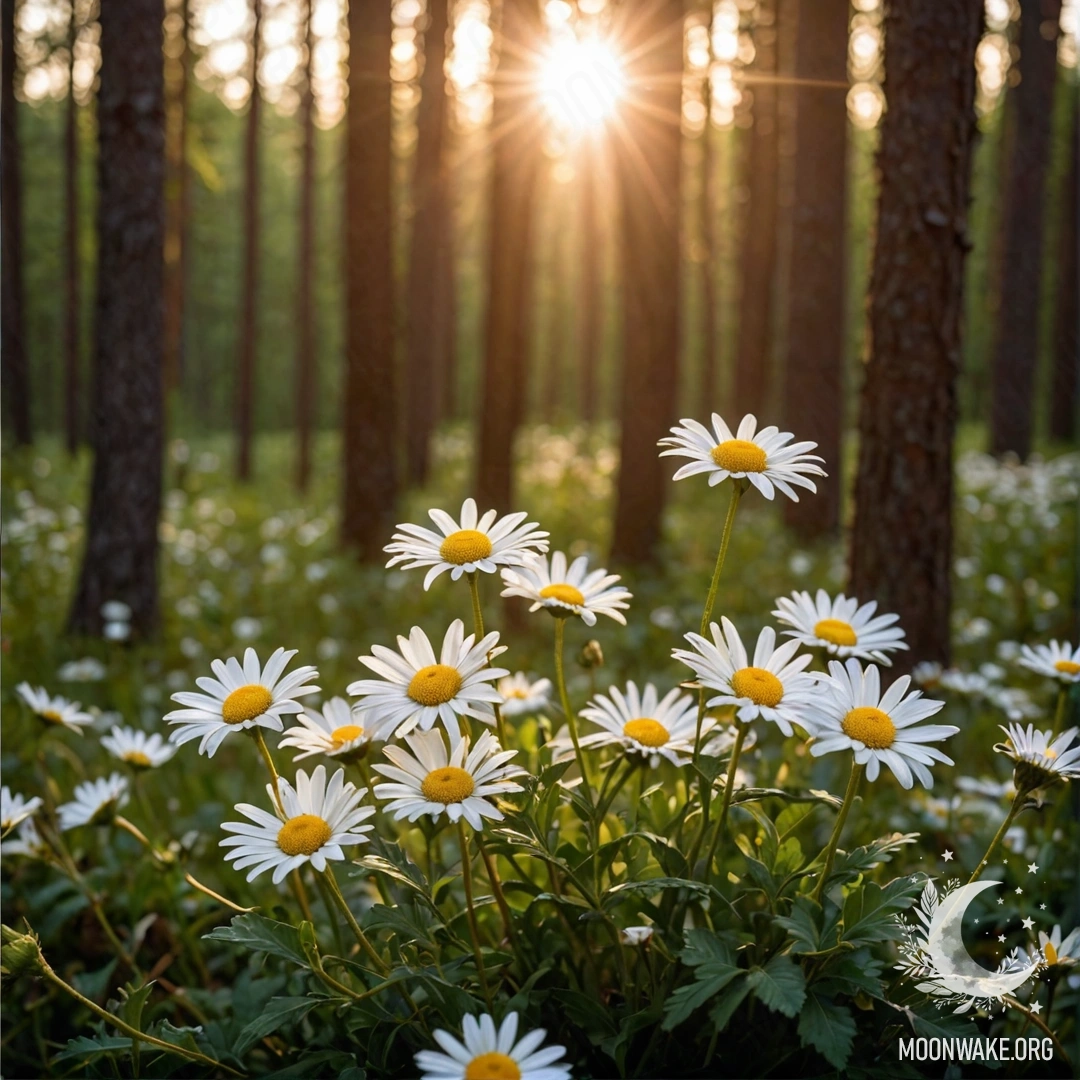 Sunset Through Forest and Daisies Close-up of daisies illuminated by garland lights in a forest during sunset.