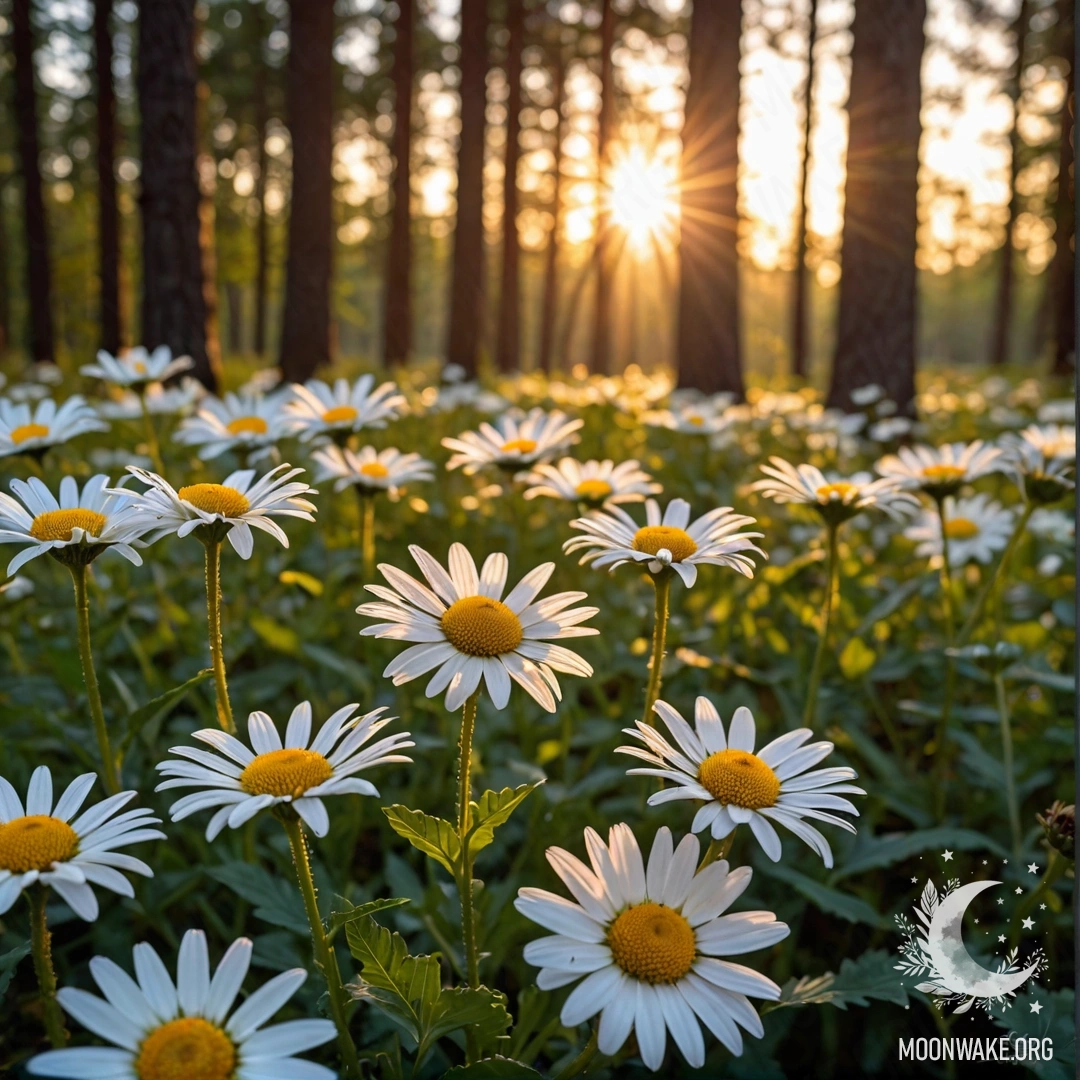 Close-up of daisies illuminated by sunset rays in a forest.