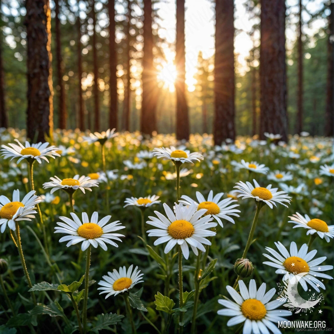 Close-up of daisies with the sun shining through trees at sunset